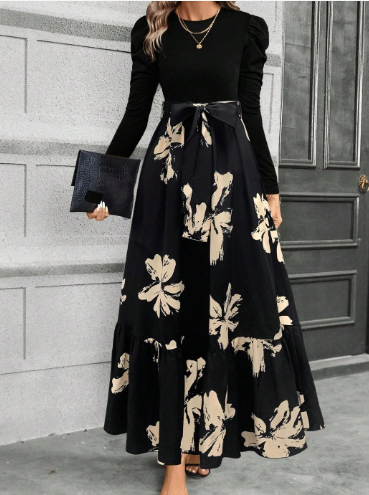 SHYAM SUNDARI Floral Print Puff Sleeve Fit & Flare Maxi Dress