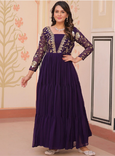 FoxDX FOXDX Women Embroidered Georgette Tiered Fit & Flare Anarkali Ethnic Dress