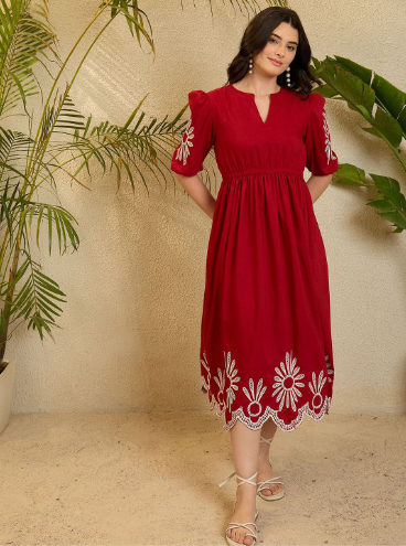 OCTICS Red Embroidery Puff Slevee Midi Dress