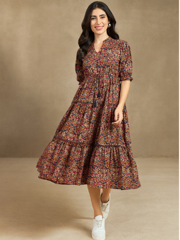 Azira Women Ethnic Motif Print Mandarin Collar Short Puff Sleeves Cotton A-Line Midi Dress