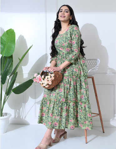 SILAKIVA Floral Printed Gathered or Pleated Cotton A-Line Maternity Midi Dress