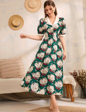KI STUDIO Floral Print Puff Sleeve Fit & Flare Midi Dress