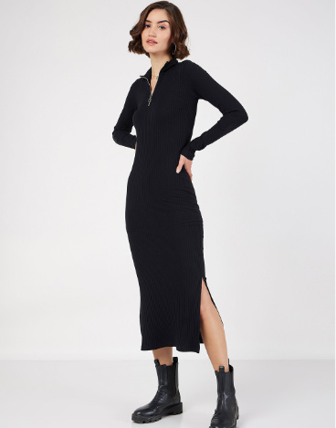 SASSAFRAS Black Ribbed Bodycon Midi Dress