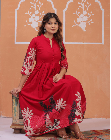JAHIDA COMFORT WITH STYLE Women Floral Print Mandarin Collar Cotton Fit And Flare Dress