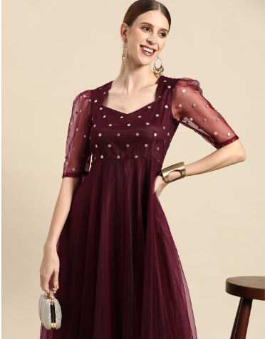 Sangria Burgundy Ethnic Motifs Embroidered Net Maxi Dress