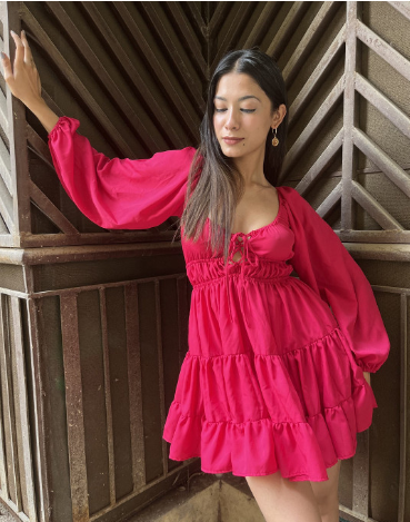 BAESD Tie Up Neck Puff Sleeve Gathered Tiered Georgette Fit & Flare Dress