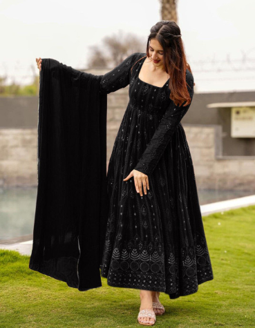Siya Fashion Floral Embroidered Georgette Fit & Flare Maxi Ethnic Dress With Dupatta