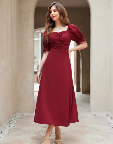 Sugathari Women Puff Sleeve A-Line Midi Dress