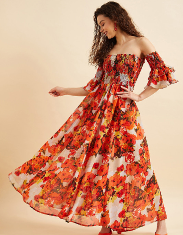 PANIT Floral Off-Shoulder Smocked Georgette Maxi Dress