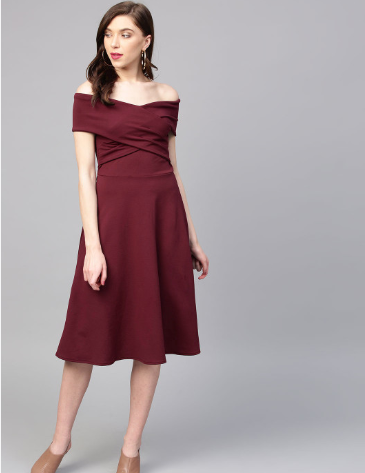 Athena Burgundy Off-Shoulder Pleated Fit & Flare Dress