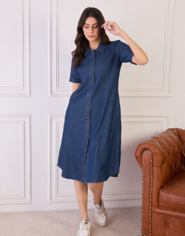 Orchid Blues Women Shirt Collar Denim Shirt Dress