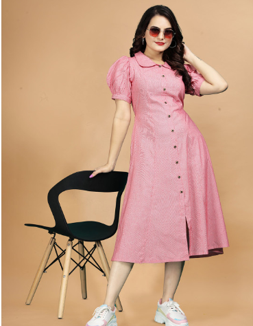 QENA Women Cotton Peter Pan Collar Puff Sleeve Applique A-Line Dress