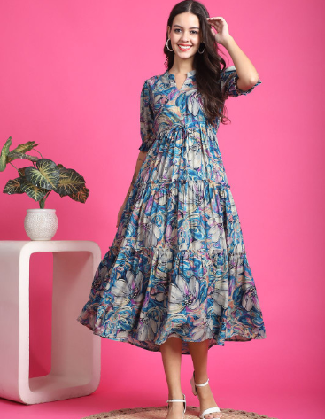 Claura Women Floral Print Mandarin Collar Short Sleeves Fit and Flare Midi Dress