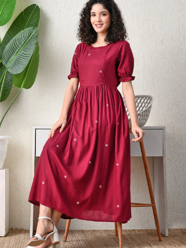 Ichaa Women Floral Embroidered Puff Sleeve Maternity Fit & Flare Midi Dress