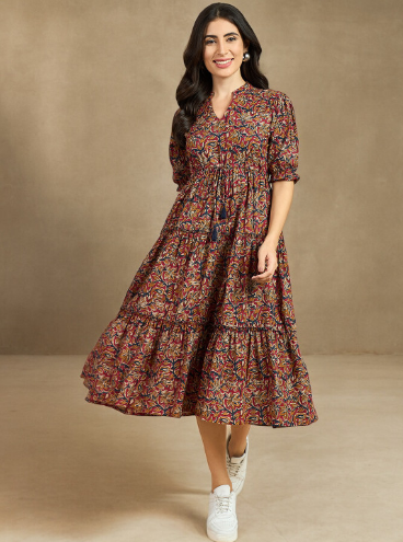 Azira Women Ethnic Motif Print Mandarin Collar Short Puff Sleeves Cotton A-Line Midi Dress