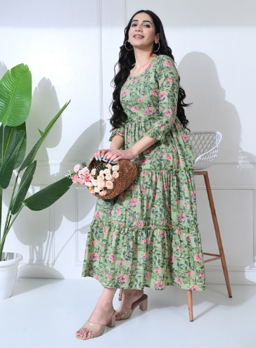 SILAKIVA Floral Printed Gathered or Pleated Cotton A-Line Maternity Midi Dress