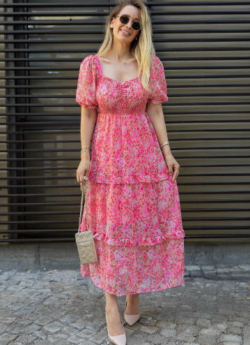 SHEETAL Associates Floral Printed Georgette Sweetheart Neck Fit and Flare Maxi Dress