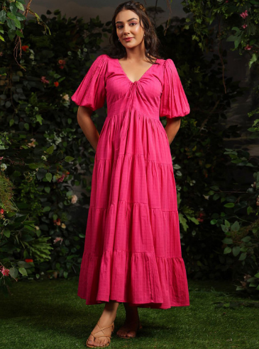 anayna Women Checked Cotton Fit & Flare Maxi Dresses