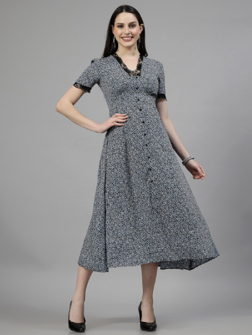 aayu Floral Print Crepe V-Neck Short Sleeves Fit & Flare Midi Casual Dress