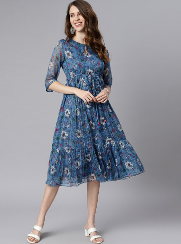 Janasya Floral Printed Flared Dress