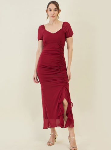 aayu Women Puff Sleeves Bodycon Midi Dress