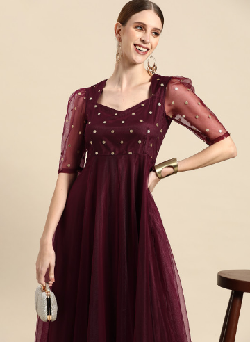 Sangria Burgundy Ethnic Motifs Embroidered Net Maxi Dress