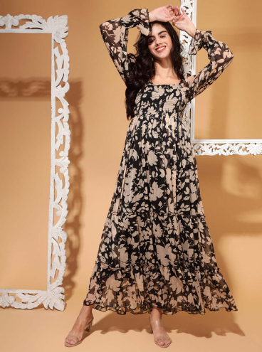 DRAPE AND DAZZLE Floral Print Puff Sleeve Chiffon Fit & Flare Dress