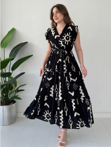 PIMU Tribal Print Flutter Sleeve Maxi Dress