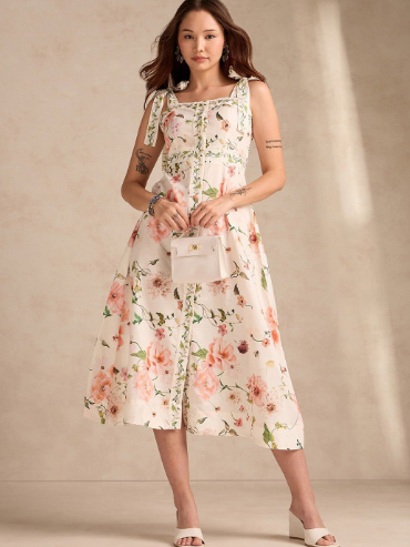 Outzidr Women Floral Printed Square Neck A-Line Midi Dress With Smocked