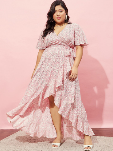 Berrylush Curve Floral Printed Flared Sleeve Wrap Dress
