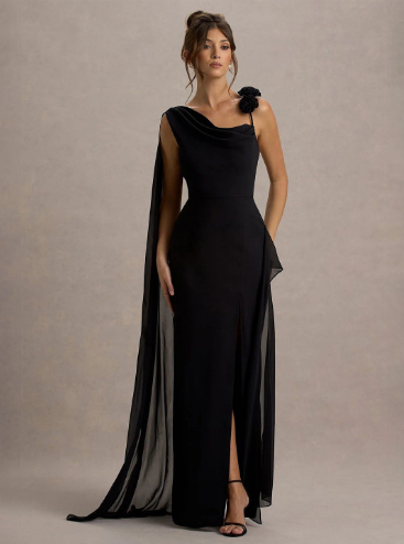 TRAQUILA Women Cowl Neck Georgette Bodycon Maxi Dress