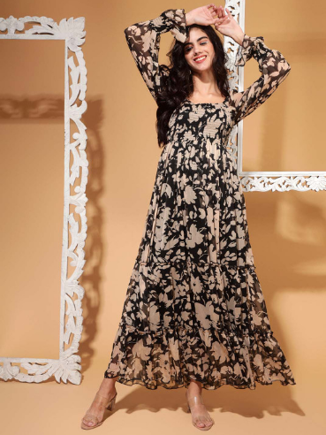 DRAPE AND DAZZLE Floral Print Puff Sleeve Chiffon Fit & Flare Dress