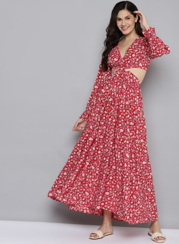 SASSAFRAS Red & Beige Floral Waist Cut-Out Maxi Dress