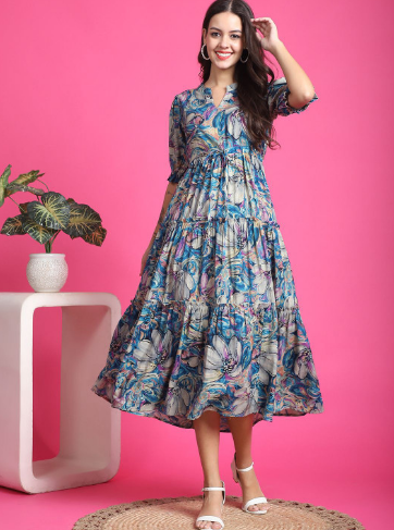 Claura Women Floral Print Mandarin Collar Short Sleeves Fit and Flare Midi Dress