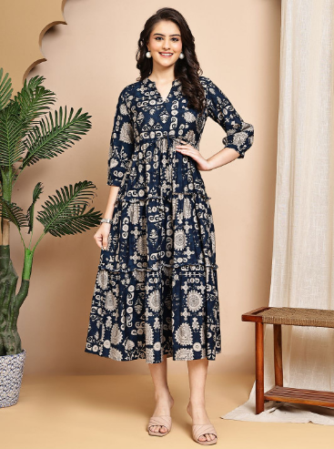 Claura Women Printed Fit and Flare Midi Dress