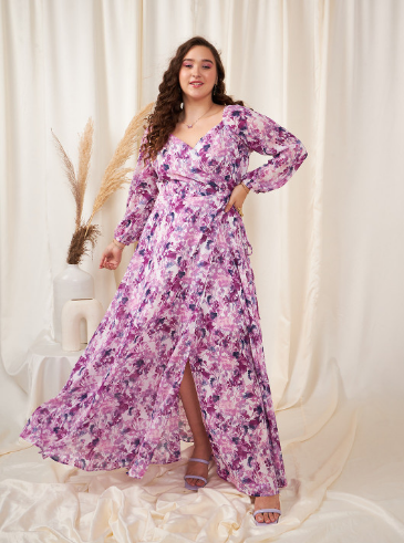 Berrylush Curve Plus Size White & Purple Floral Printed Waist Tie-Ups Wrap Maxi Dress