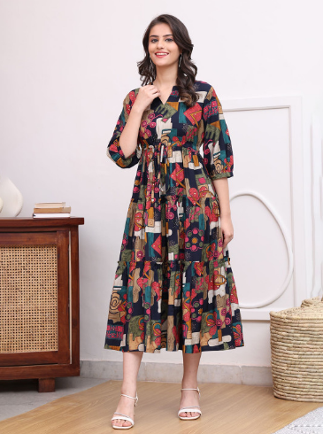 Claura Women Abstract Printed Mandarin Collar A-Line Dress